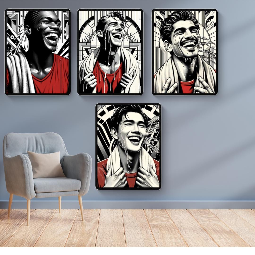 Bold Black & White Portrait Wall Art Set - Vibrant Smiling Faces with Red Accents, Modern Pop Art Prints, Unique Living Room Decor - Social Canvas