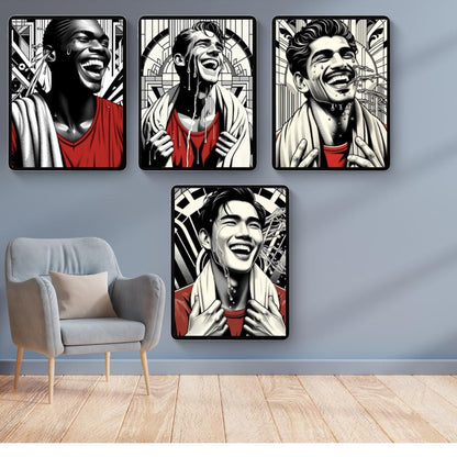 Bold Black & White Portrait Wall Art Set - Vibrant Smiling Faces with Red Accents, Modern Pop Art Prints, Unique Living Room Decor - Social Canvas
