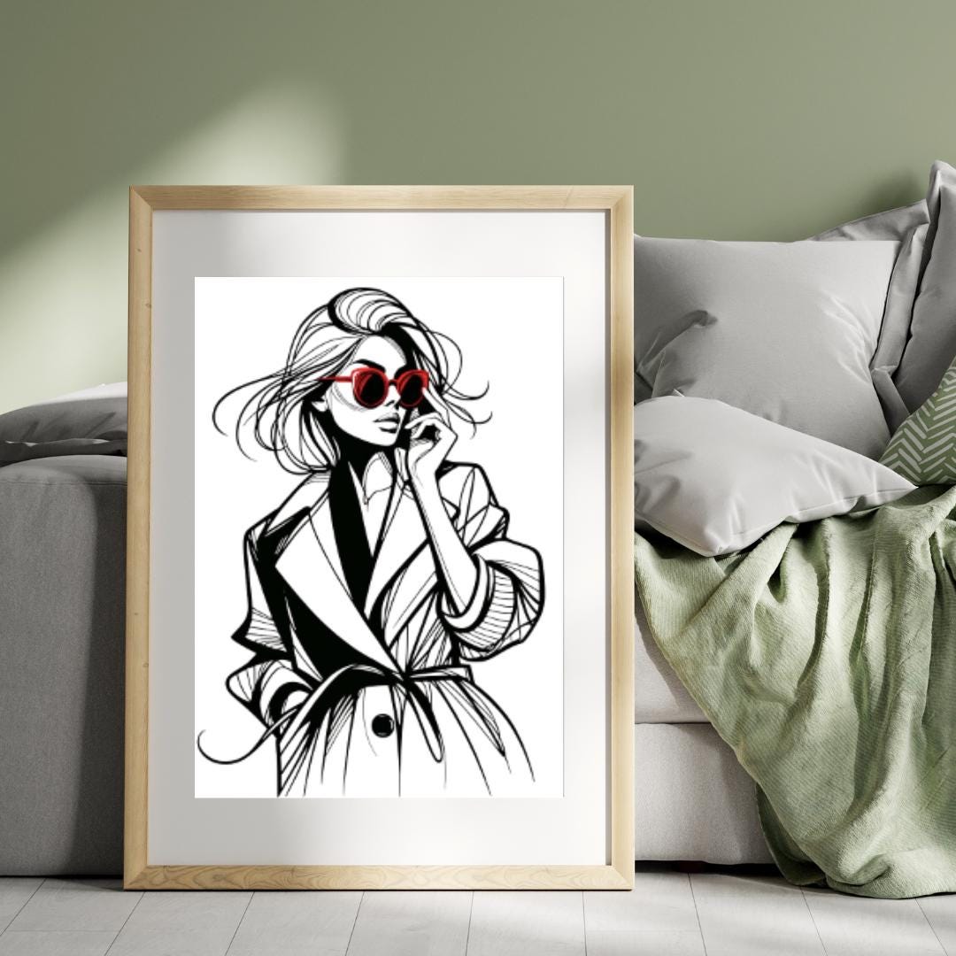 Fashion Icon Sketch - Minimalist Wall Art with Red Sunglasses | Contemporary Figure Line Art Poster Digital Download - Free Bonus Prints - Social Canvas
