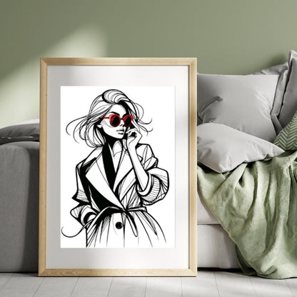Fashion Icon Sketch - Minimalist Wall Art with Red Sunglasses | Contemporary Figure Line Art Poster Digital Download - Free Bonus Prints - Social Canvas