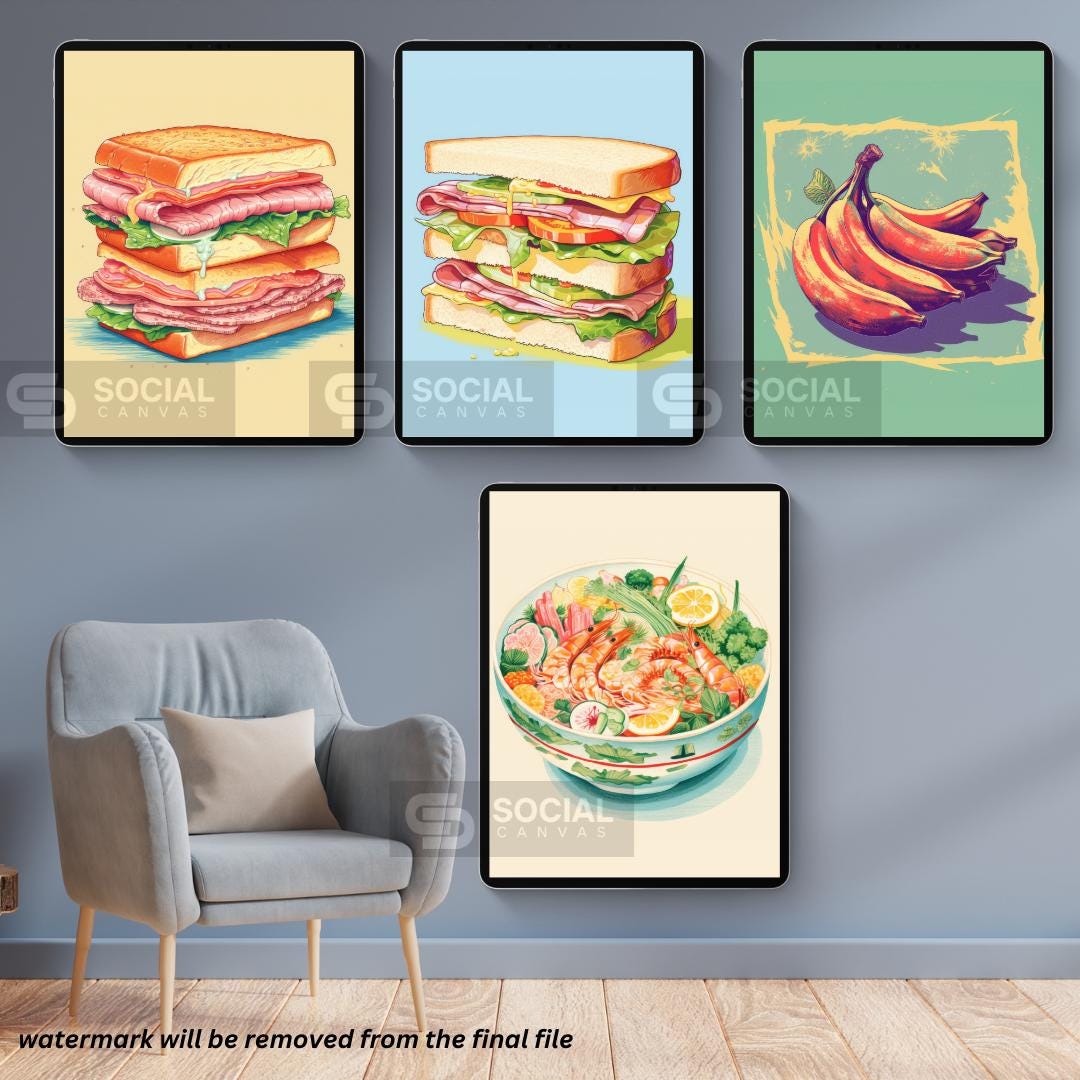 Blue Iced Donut Stack Art Print – Fun Pop Art Dessert Illustration – Colorful Retro Kitchen Decor | 200 Mega Bundle - Printable Wall Art - Social Canvas