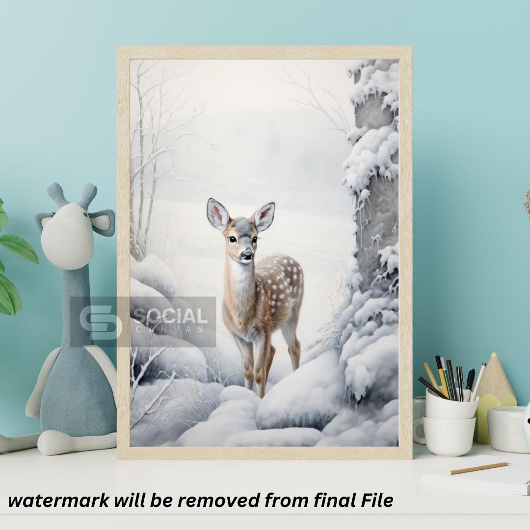 200 Kids Wall Art Prints | Majestic Winter Deer Art Print | Snowy Forest Wall Decor | Nature-Inspired Winter Wildlife Artwork | - Social Canvas