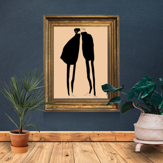 Modern Minimalist Couple Illustration | Abstract Romantic Wall Art | Black and Peach Contemporary Artwork for Home or Bedroom Decor - Social Canvas