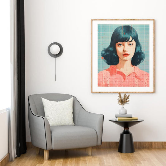 Retro Futuristic Female Portrait - Blue and Coral Abstract Art Print - Contemporary Wall Decor - Social Canvas