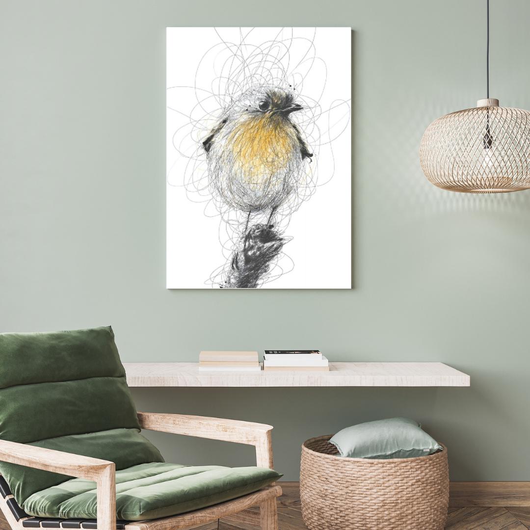 Whimsical Scribble Robin Artwork | Yellow and Black Bird Illustration | Minimalist Nature-Inspired Wall Art for Home Decor - Social Canvas