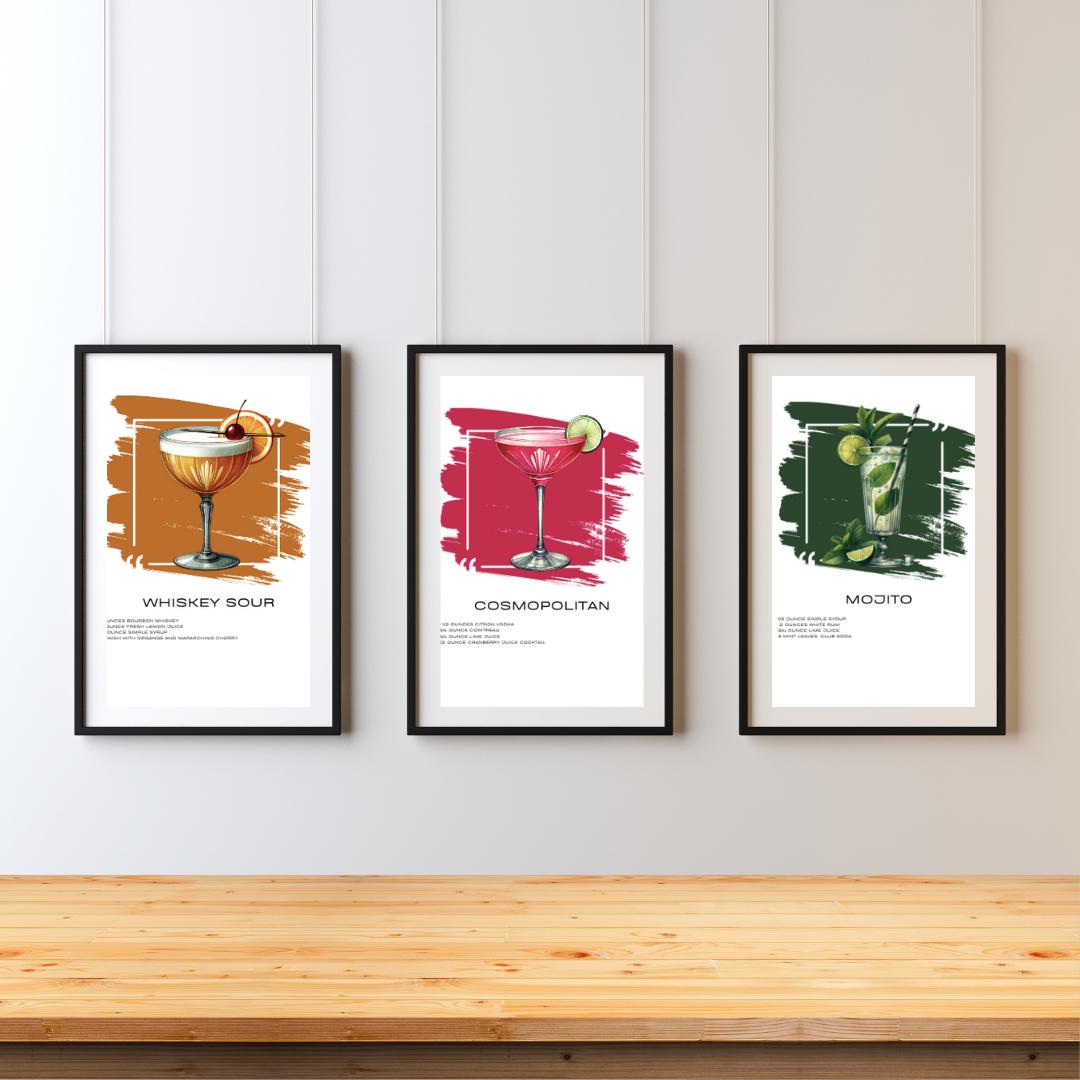 Set of 12 Cocktail Recipe Art Prints - Stylish Home Bar Wall Decor - Social Canvas