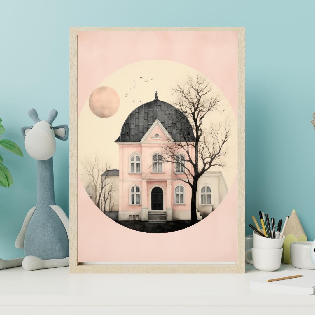 200 Kids Wall Art Prints | Dreamy Pink House Art Print - Elegant Architecture Wall Decor with Moon and Trees - Free Bonus Print - Social Canvas