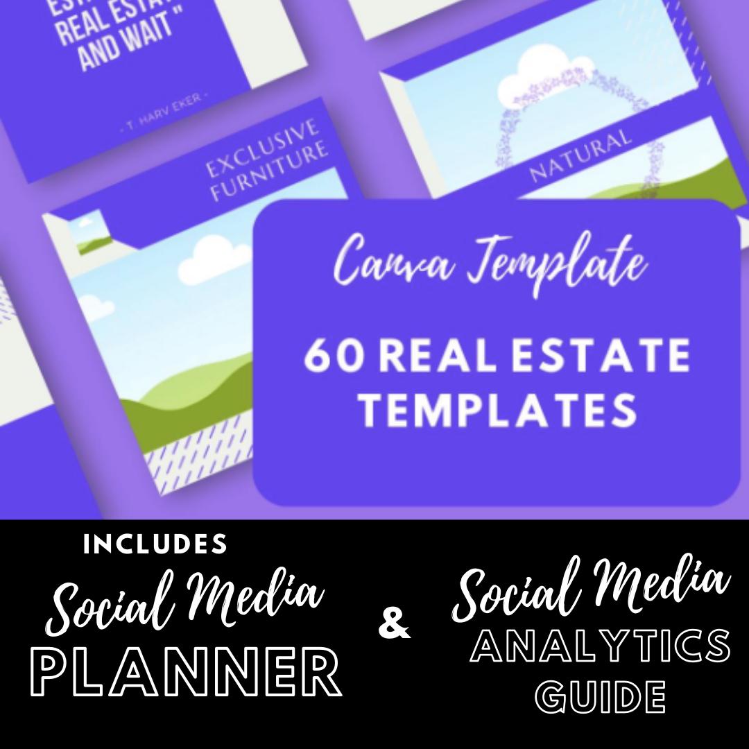 60 Real Estate Canva Templates | Property Marketing | Just Listed Open House and Sold Posts | Social Media Planner, Analytics Guide - Social Canvas