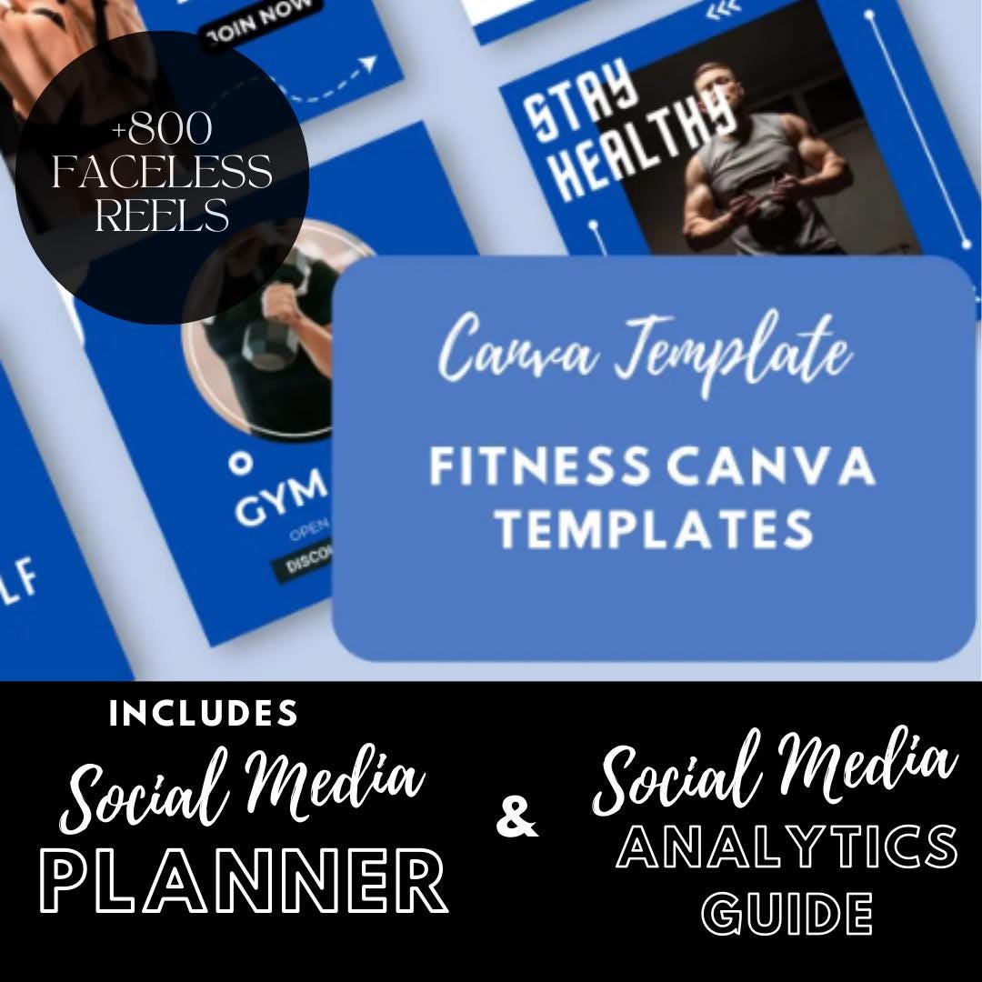 Fitness Templates | Gym and Workout | Personal Trainer and Wellness Branding | Social Media Planner, Analytics Guide | 800 Faceless Videos - Social Canvas