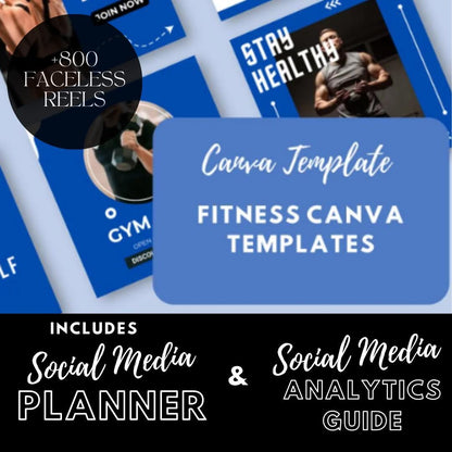 Fitness Templates | Gym and Workout | Personal Trainer and Wellness Branding | Social Media Planner, Analytics Guide | 800 Faceless Videos - Social Canvas
