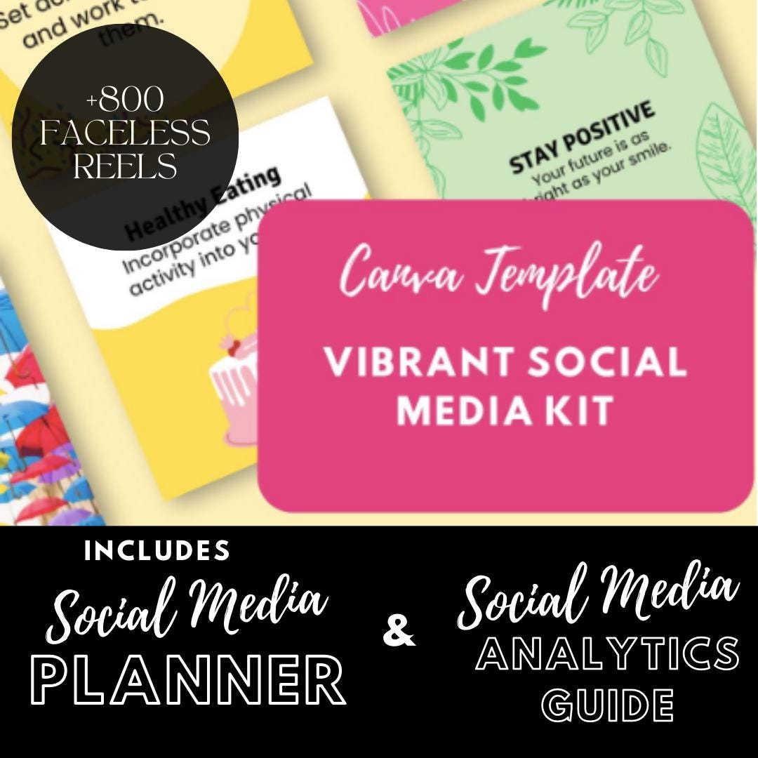 50 Vibrant Social Media Kit | Bold and Colorful | Social Media Planner, Analytics Guide and 800 Faceless Videos - Social Canvas