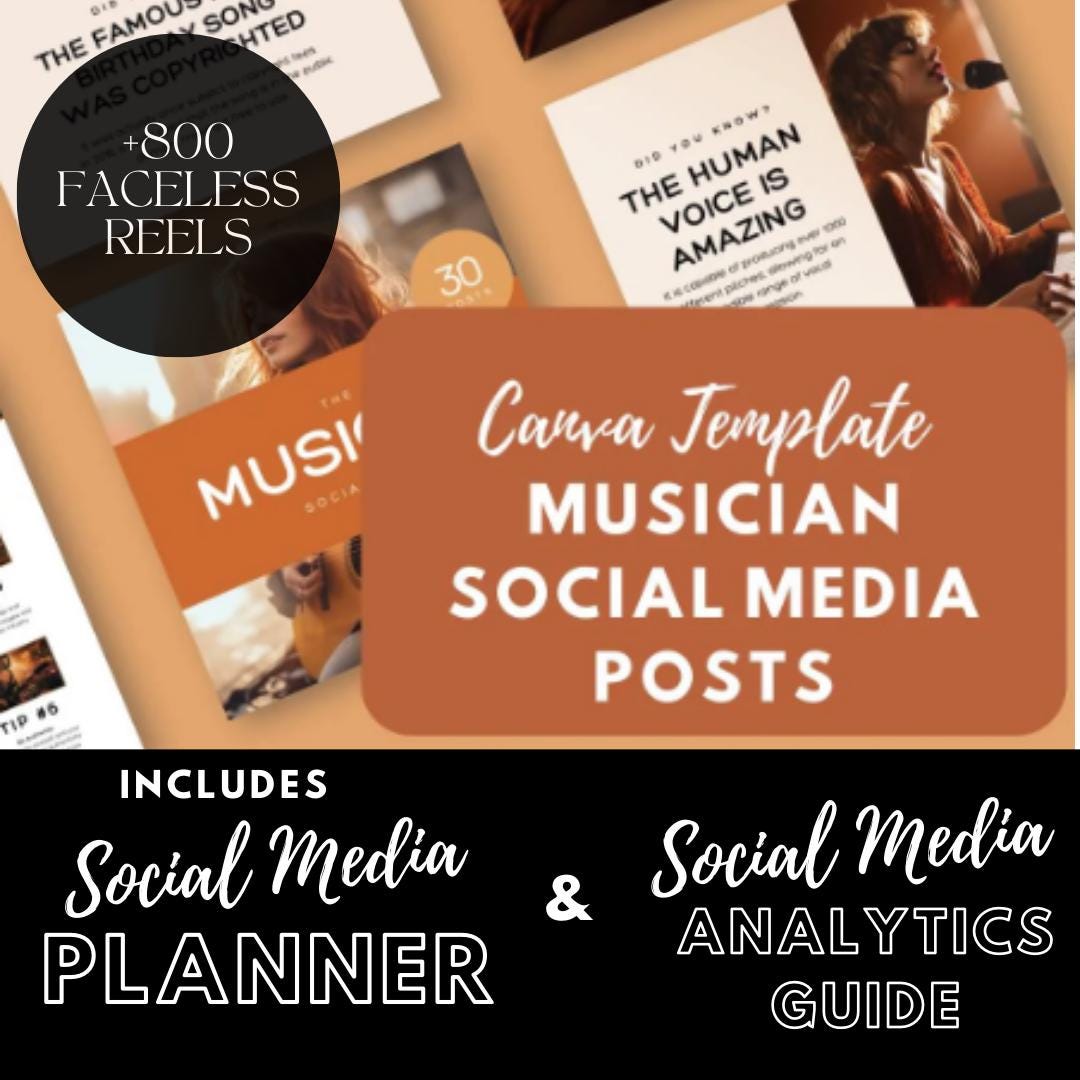 Musician Social Media Templates | Music | Artists, Bands & Producers | Social Media Planner, Analytics Guide and 800 Faceless Videos - Social Canvas