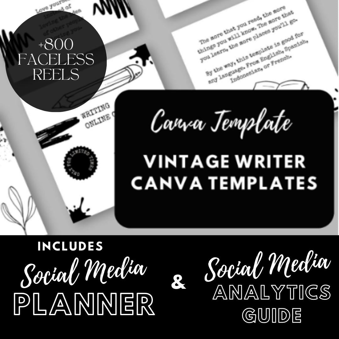 Vintage Writer Templates | Handwritten and Literary |Book & Poetry Graphics | Social Media Planner, Analytics Guide and 800 Faceless Videos - Social Canvas