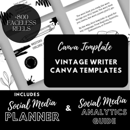 Vintage Writer Templates | Handwritten and Literary |Book & Poetry Graphics | Social Media Planner, Analytics Guide and 800 Faceless Videos - Social Canvas