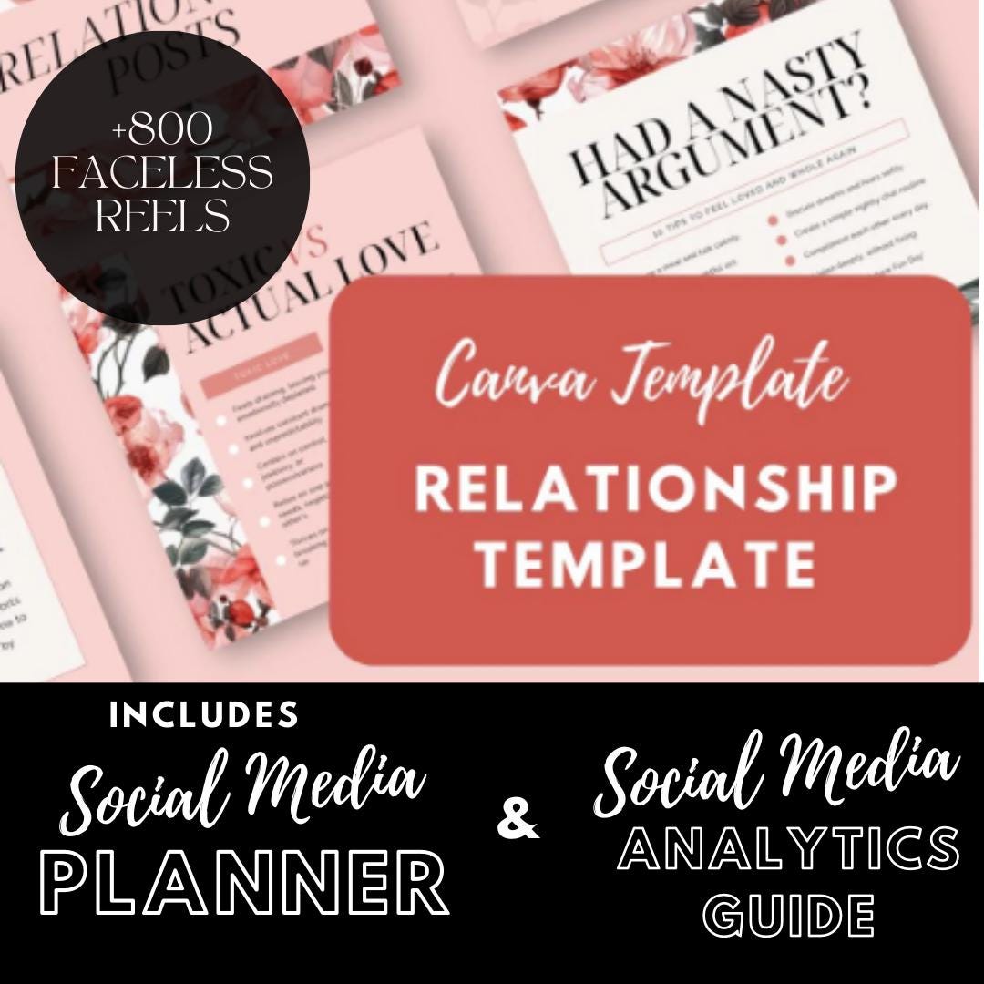 Relationship Social Media Canva Templates | Coaching & Self-Help | Social Media Planner, Analytics Guide and 800 Faceless Videos - Social Canvas