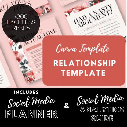 Relationship Social Media Canva Templates | Coaching & Self-Help | Social Media Planner, Analytics Guide and 800 Faceless Videos - Social Canvas
