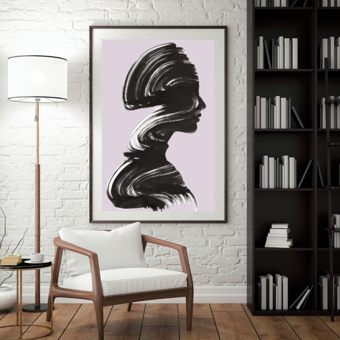 Abstract Silhouette Wall Art | Minimalist Black Brushstroke Portrait with Pastel Lavender Background |  Home Decor for Living Room or Office - Social Canvas