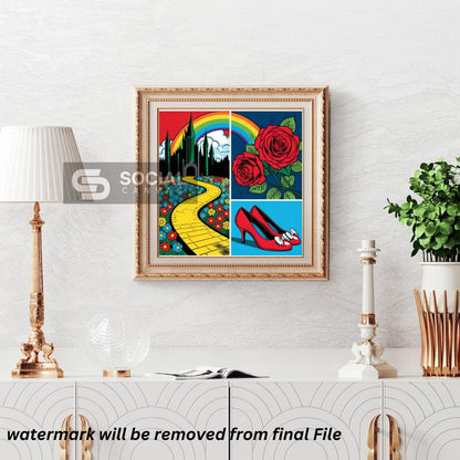 Wizard of Oz Style Pop Art Poster - Yellow Brick Road & Ruby Slippers Wall Art | 300 DPI - Social Canvas