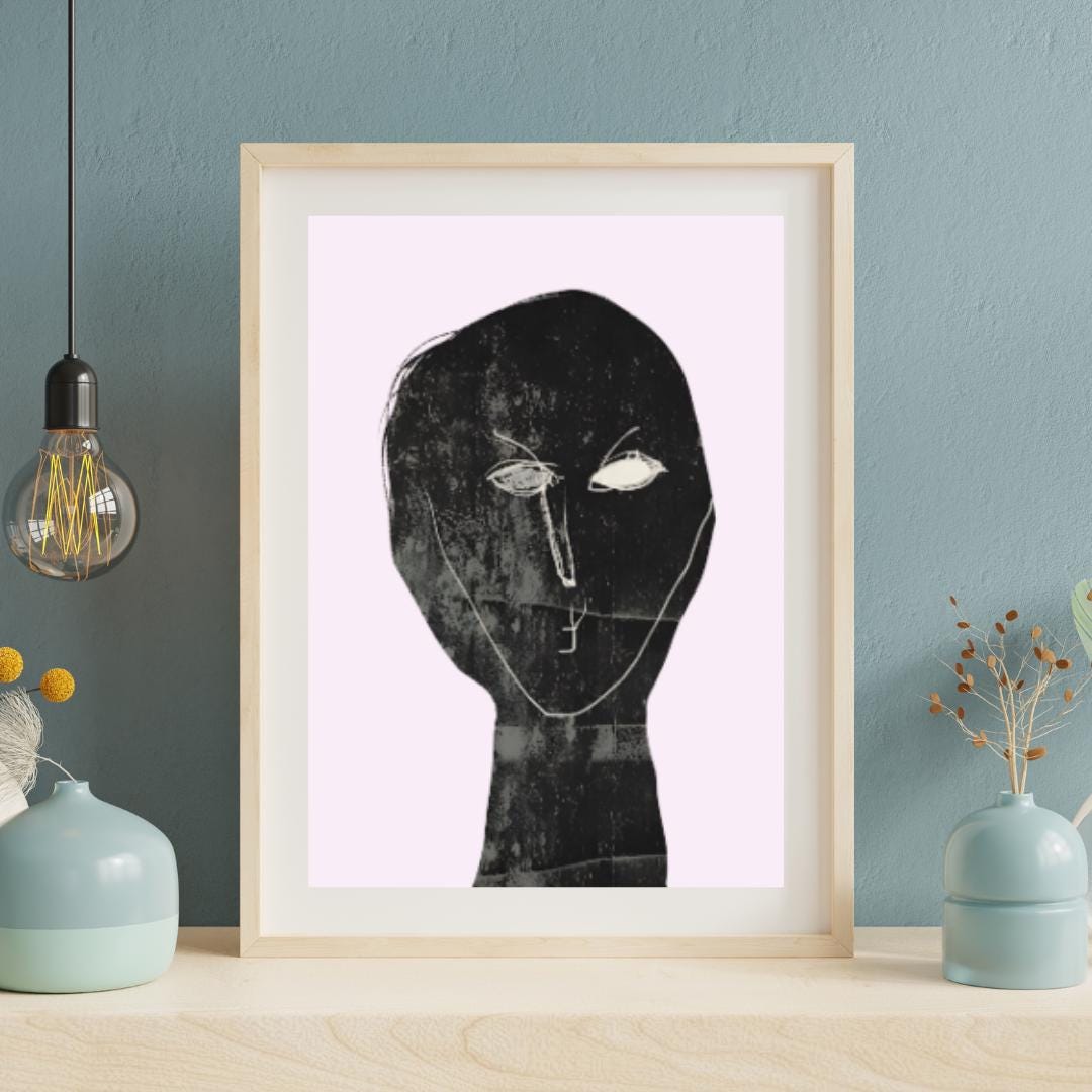 Abstract Minimalist Portrait Art | Monochrome Expressionist Wall Print with Pastel Pink Background | Modern Contemporary Decor - Social Canvas