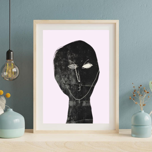 Abstract Minimalist Portrait Art | Monochrome Expressionist Wall Print with Pastel Pink Background | Modern Contemporary Decor - Social Canvas