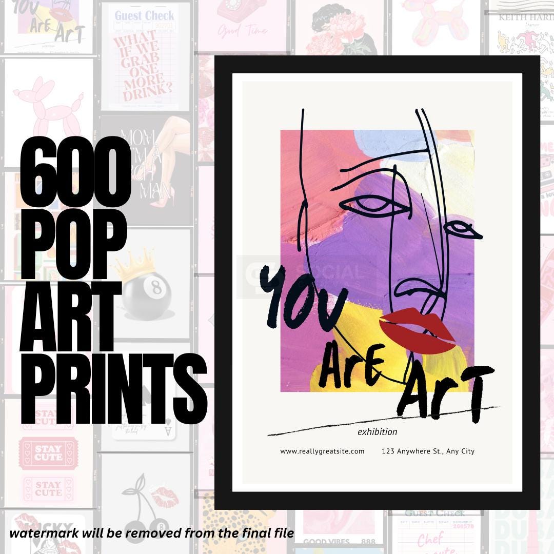 Abstract Line Art 'You Are Art' Poster - Modern Pop Art Print with Red Lips | 600 Pop Art Prints Bundle - Social Canvas