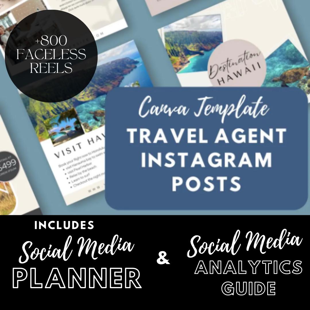 Travel Agent Social Media Canva Templates | Travel Agencies and Bloggers | Social Media Planner, Analytics Guide | 800 Faceless Videos - Social Canvas