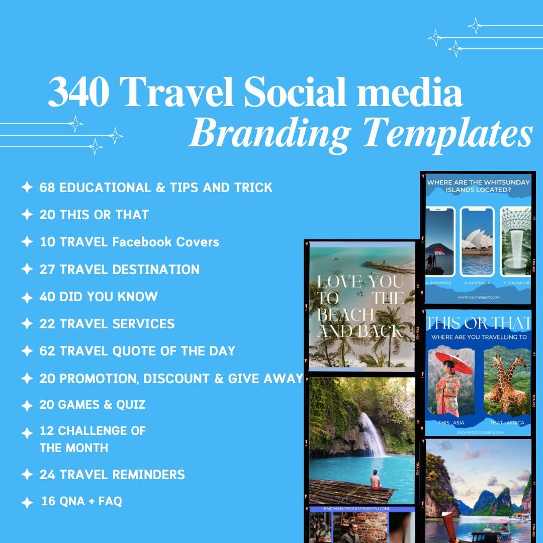 340 Travel Social Media Branding Templates Canva | Instagram and Facebook Posts | Travel Quotes, Tips and Promotions | Digital Download - Social Canvas