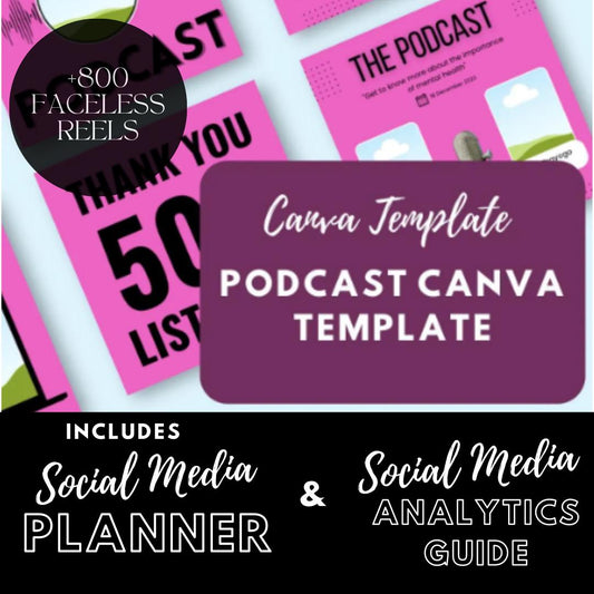 Podcast Canva Template | Social Media Podcast Graphics | Social Media Planner, Analytics Guide and 800 Faceless Videos - Social Canvas