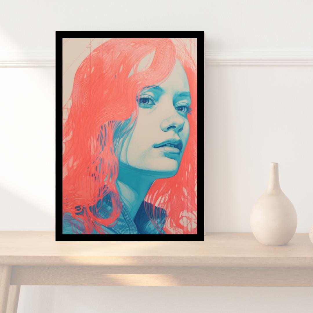 Modern Pop Art Portrait - Vibrant Coral and Aqua Female Illustration - Abstract Wall Decor - Social Canvas