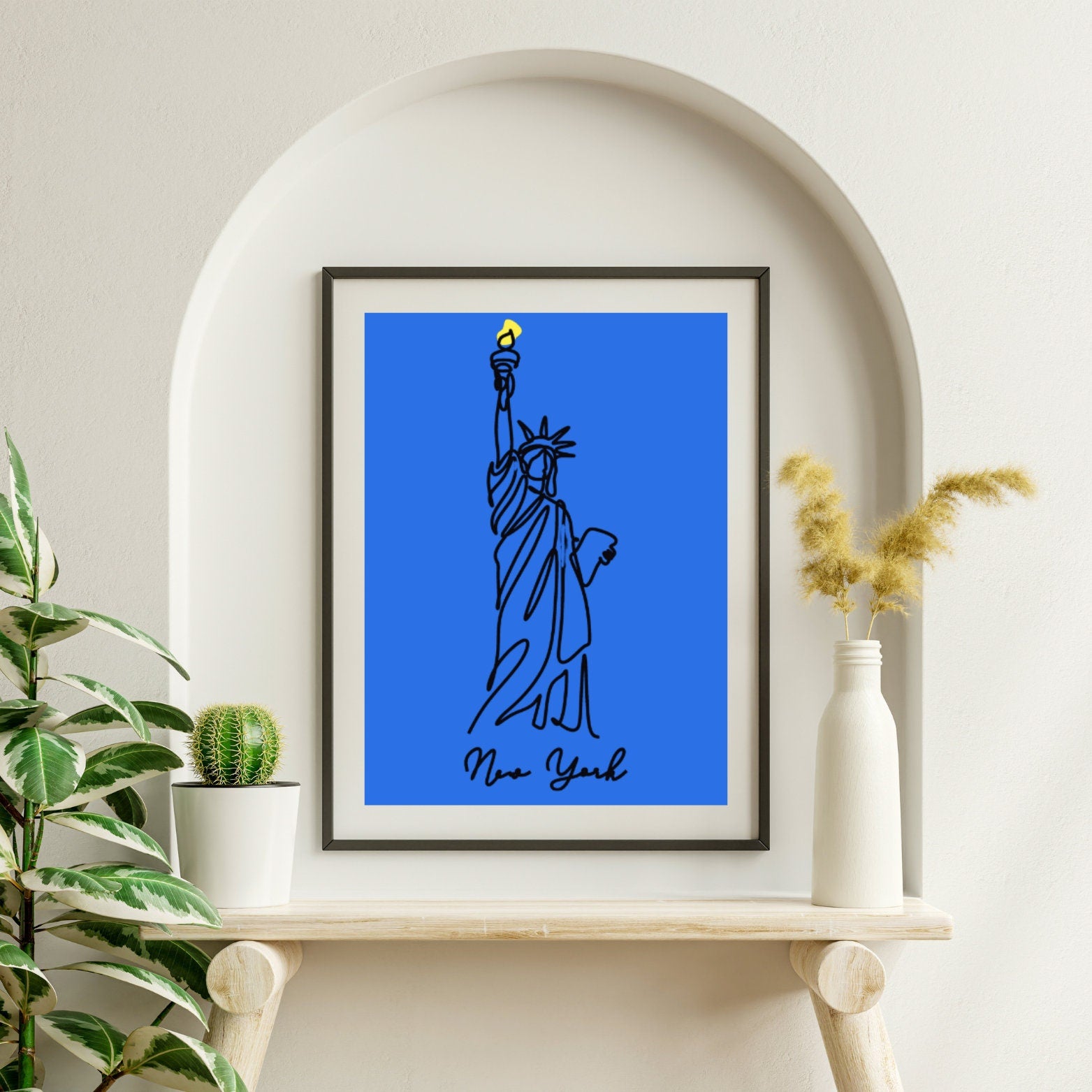 Statue of Liberty Line Art Print, Modern Minimalist New York Wall Art, Bold Blue and Yellow Poster, Digital Download - Social Canvas