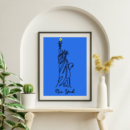 Statue of Liberty Line Art Print, Modern Minimalist New York Wall Art, Bold Blue and Yellow Poster, Digital Download - Social Canvas