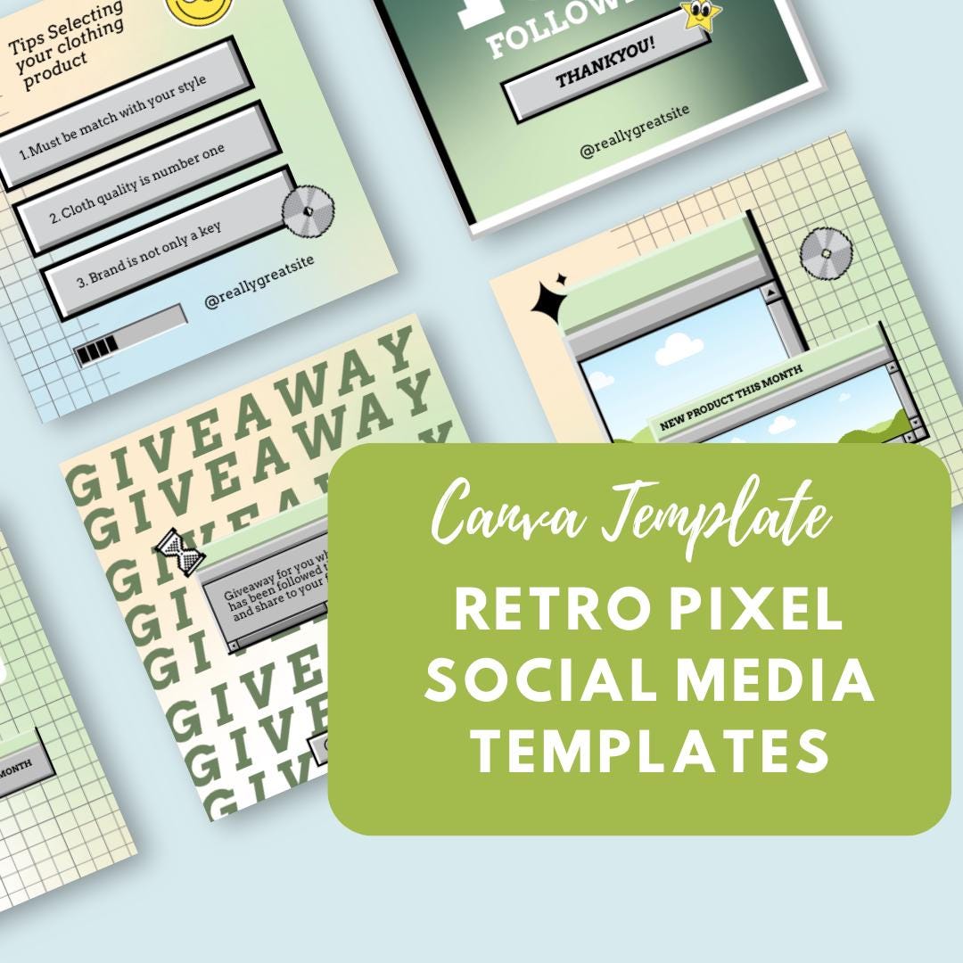 9 Retro Pixel Social Media Templates | Y2K Aesthetic Canva Kit | Vintage Internet & 90s Computer Graphics | Digital Download - Social Canvas