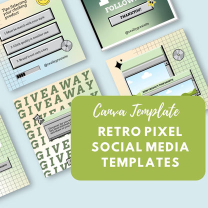9 Retro Pixel Social Media Templates | Y2K Aesthetic Canva Kit | Vintage Internet & 90s Computer Graphics | Digital Download - Social Canvas