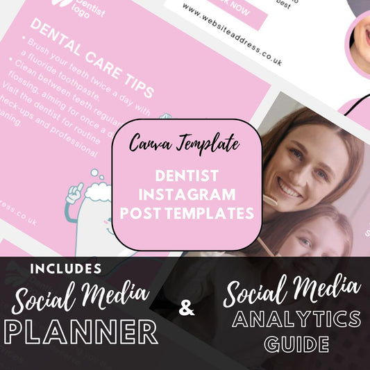 6 Dentist Instagram Post Templates | Social Media Planner and Analytics Guide | Canva Template Bundle for Dental Clinics & Oral Health Tips - Social Canvas