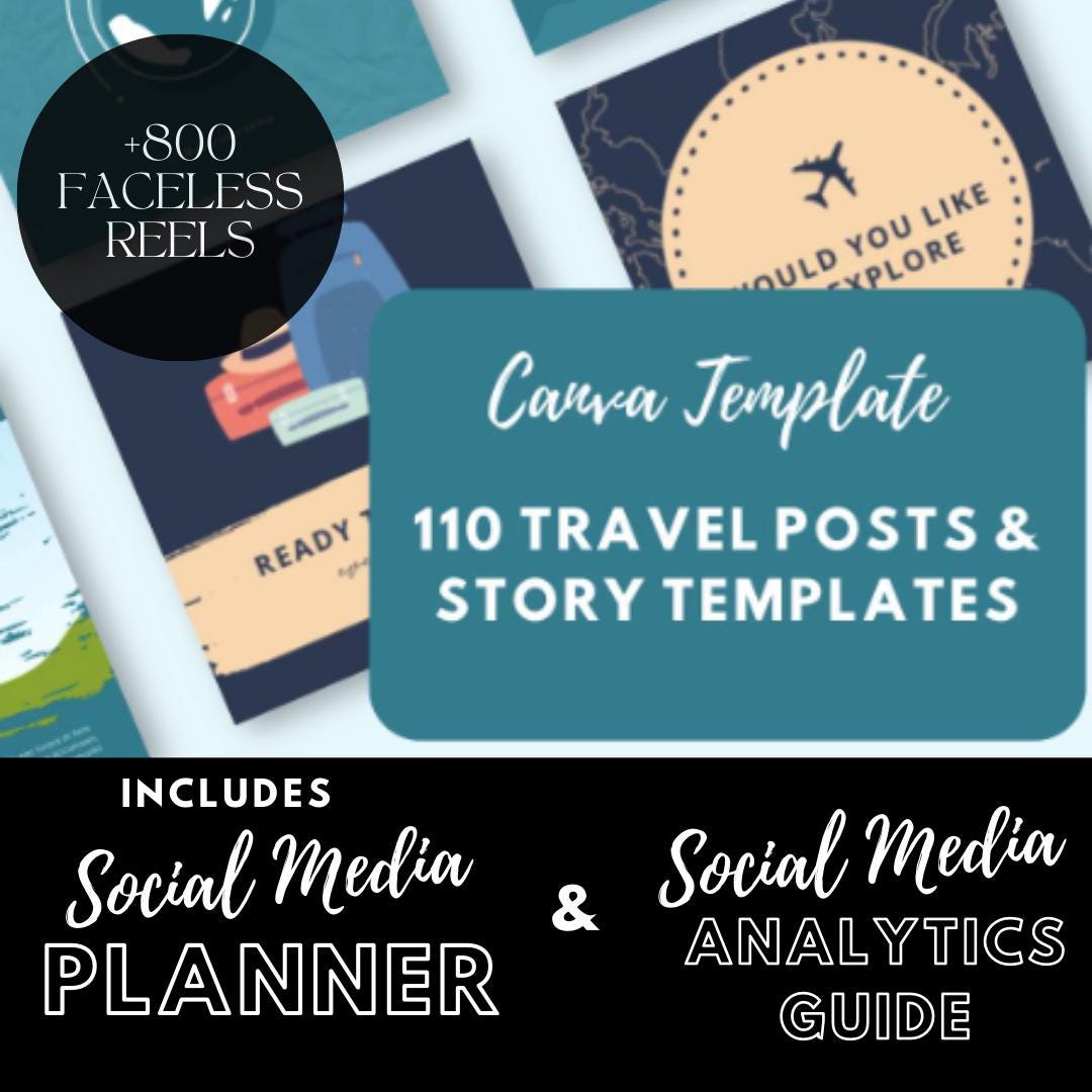 110 Travel Instagram Post and Story Templates Canva | Travel Blogger | Social Media Planner, Analytics Guide and 800 Faceless Videos - Social Canvas
