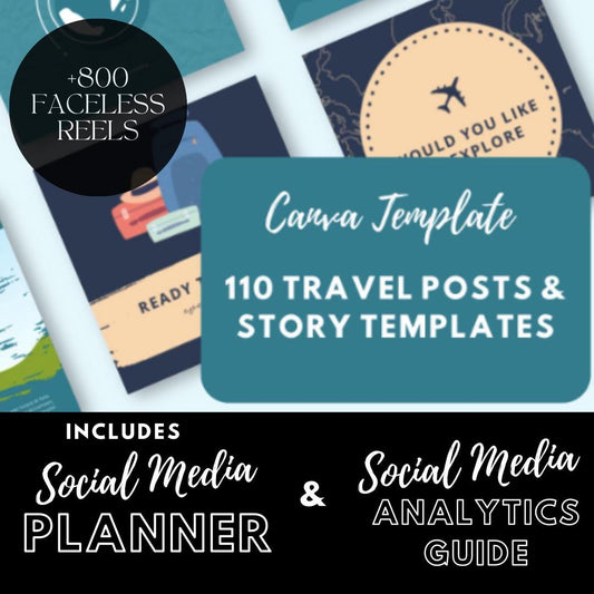 110 Travel Instagram Post and Story Templates Canva | Travel Blogger | Social Media Planner, Analytics Guide and 800 Faceless Videos - Social Canvas