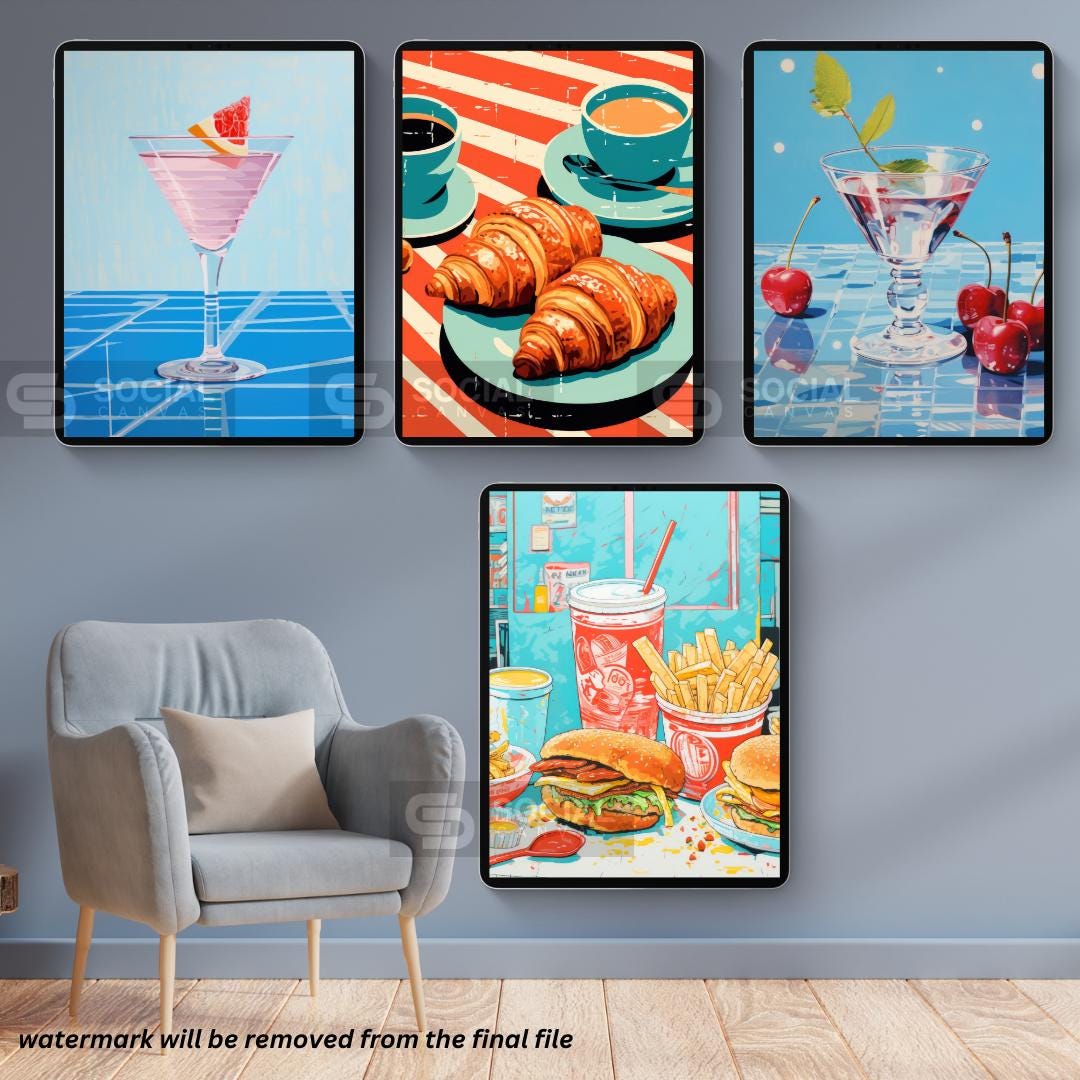 Blue Iced Donut Stack Art Print – Fun Pop Art Dessert Illustration – Colorful Retro Kitchen Decor | 200 Mega Bundle - Printable Wall Art - Social Canvas