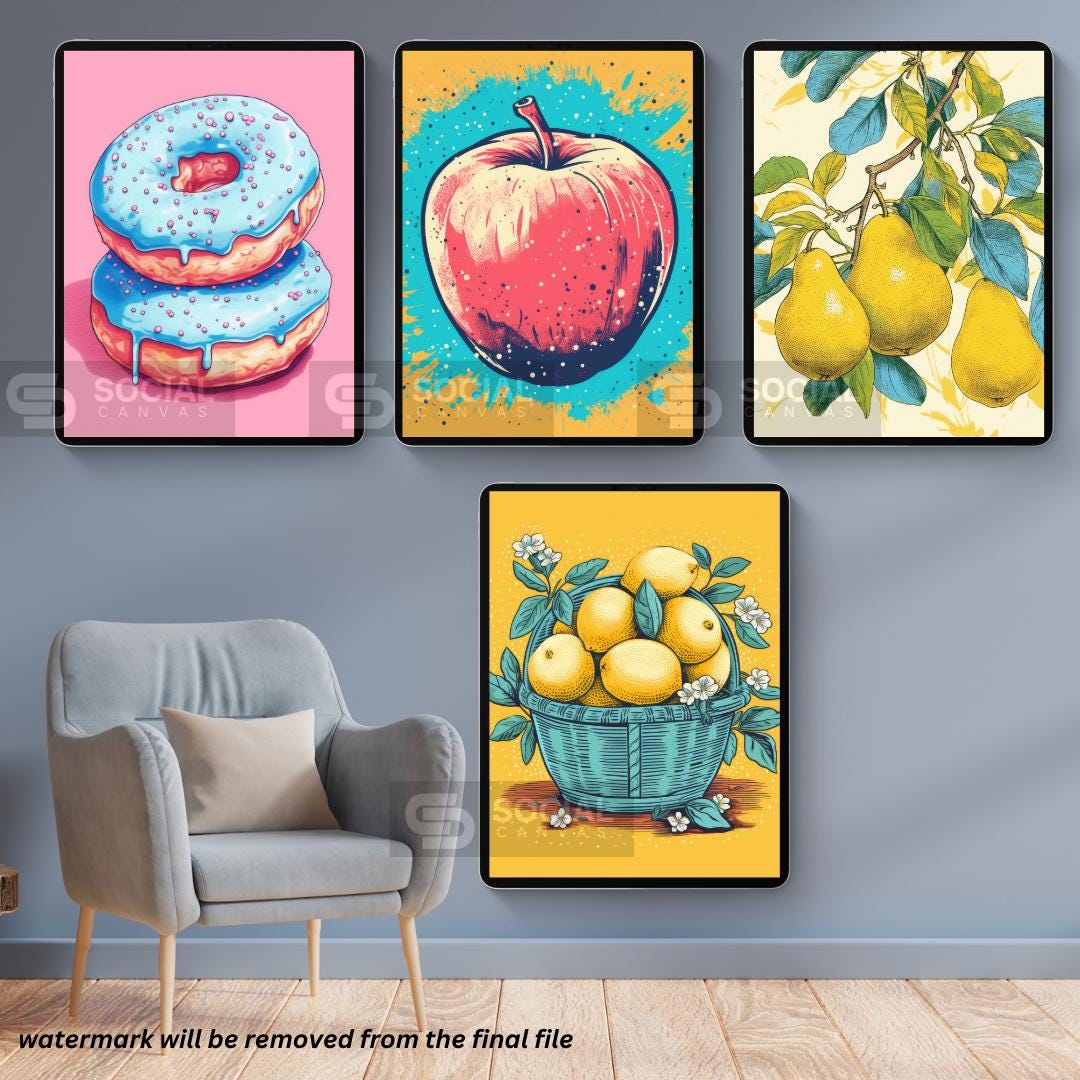 Blue Iced Donut Stack Art Print – Fun Pop Art Dessert Illustration – Colorful Retro Kitchen Decor | 200 Mega Bundle - Printable Wall Art - Social Canvas