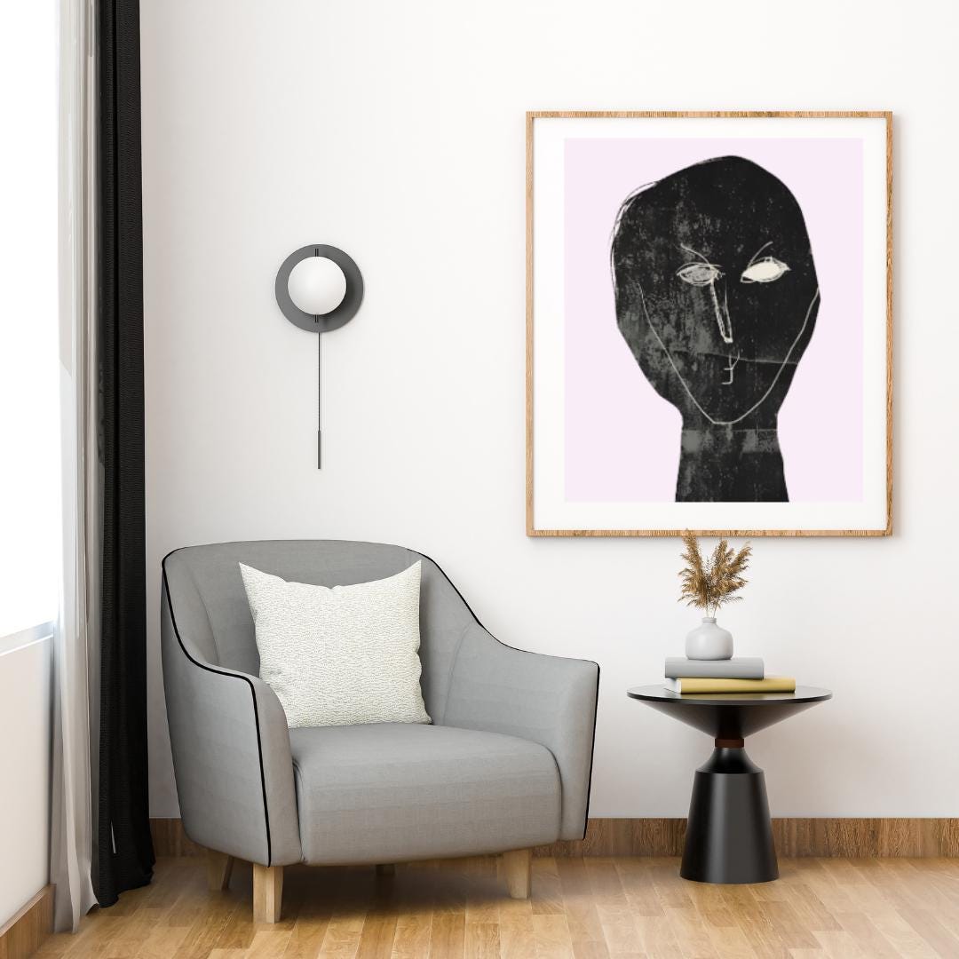 Abstract Minimalist Portrait Art | Monochrome Expressionist Wall Print with Pastel Pink Background | Modern Contemporary Decor - Social Canvas