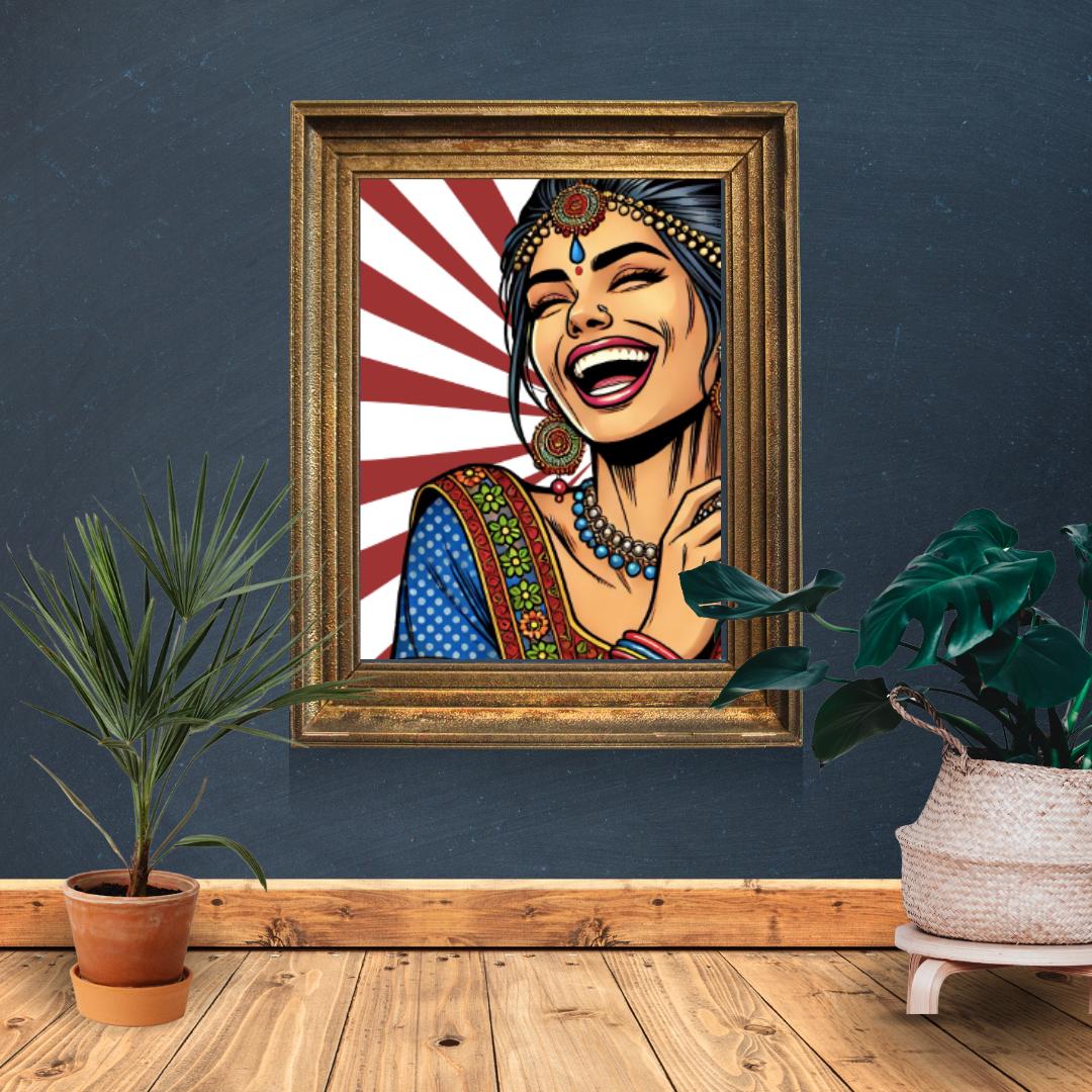 Vibrant Indian Woman Laughing | Pop Art Digital Print | Indian Pop Art Style Print | Bollywood Art - Free Bonus Prints - Social Canvas