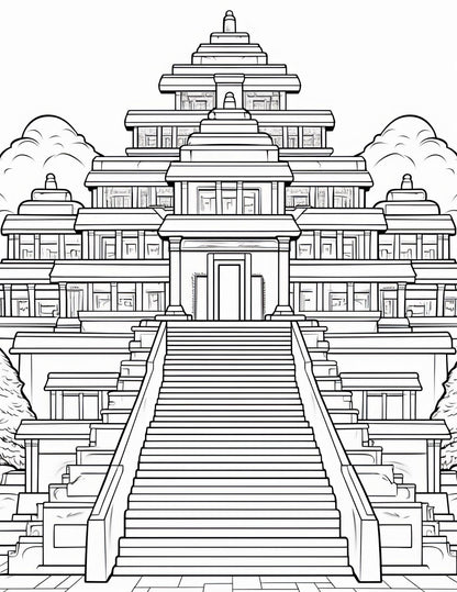 Temple Coloring Book | 25-Page Canva Template with Sacred Architecture Designs | Spiritual & Cultural Landmark Coloring Pages - Social Canvas