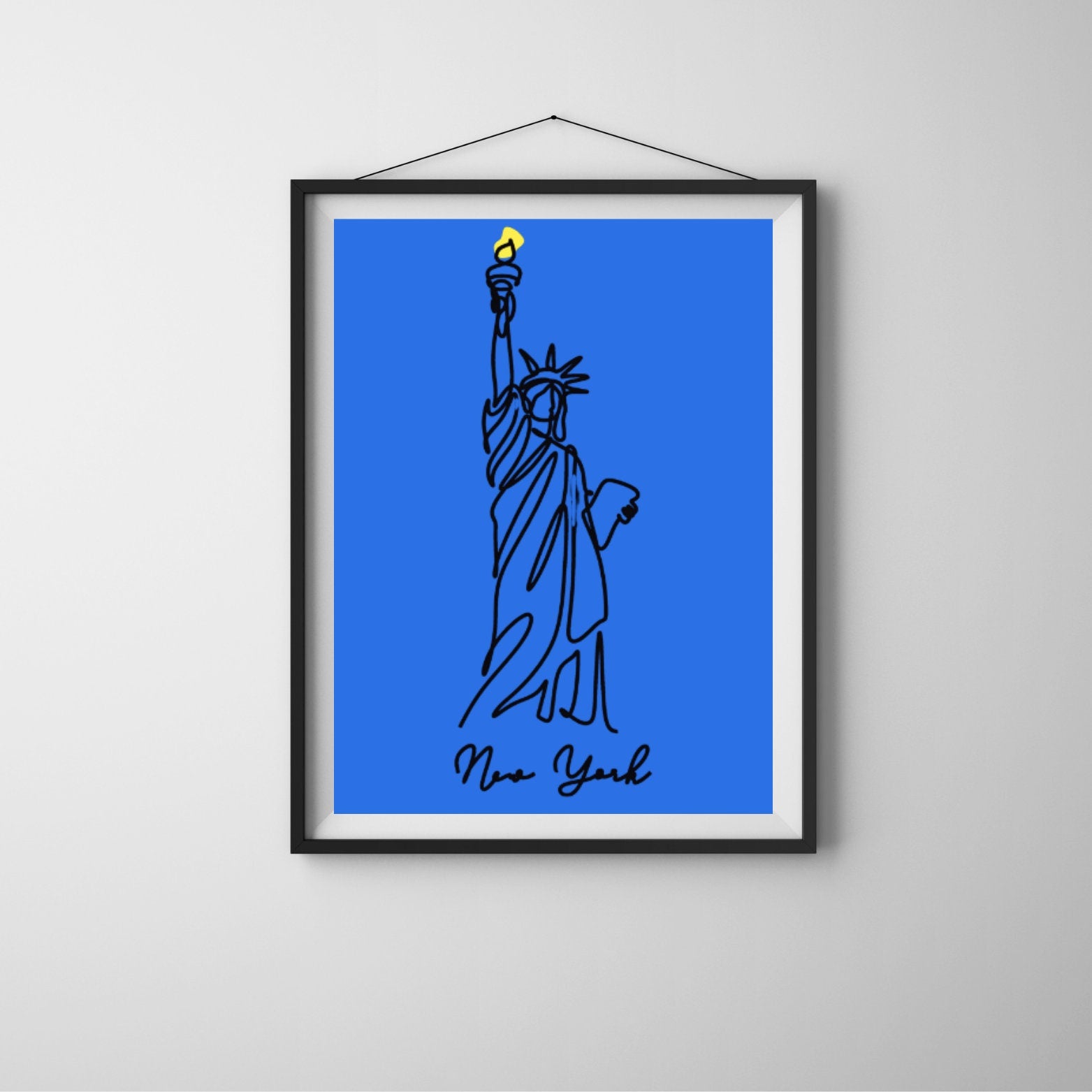 Statue of Liberty Line Art Print, Modern Minimalist New York Wall Art, Bold Blue and Yellow Poster, Digital Download - Social Canvas