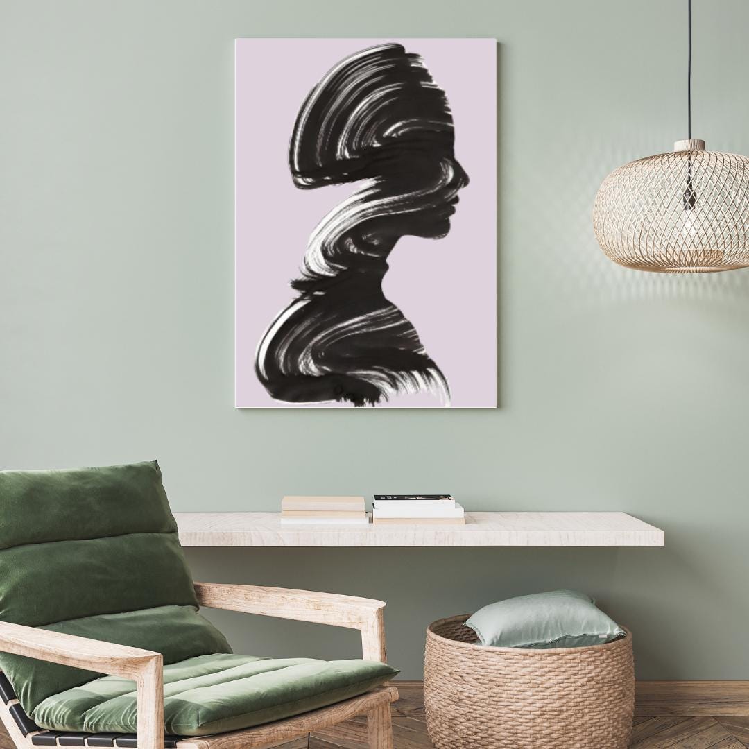 Abstract Silhouette Wall Art | Minimalist Black Brushstroke Portrait with Pastel Lavender Background |  Home Decor for Living Room or Office - Social Canvas