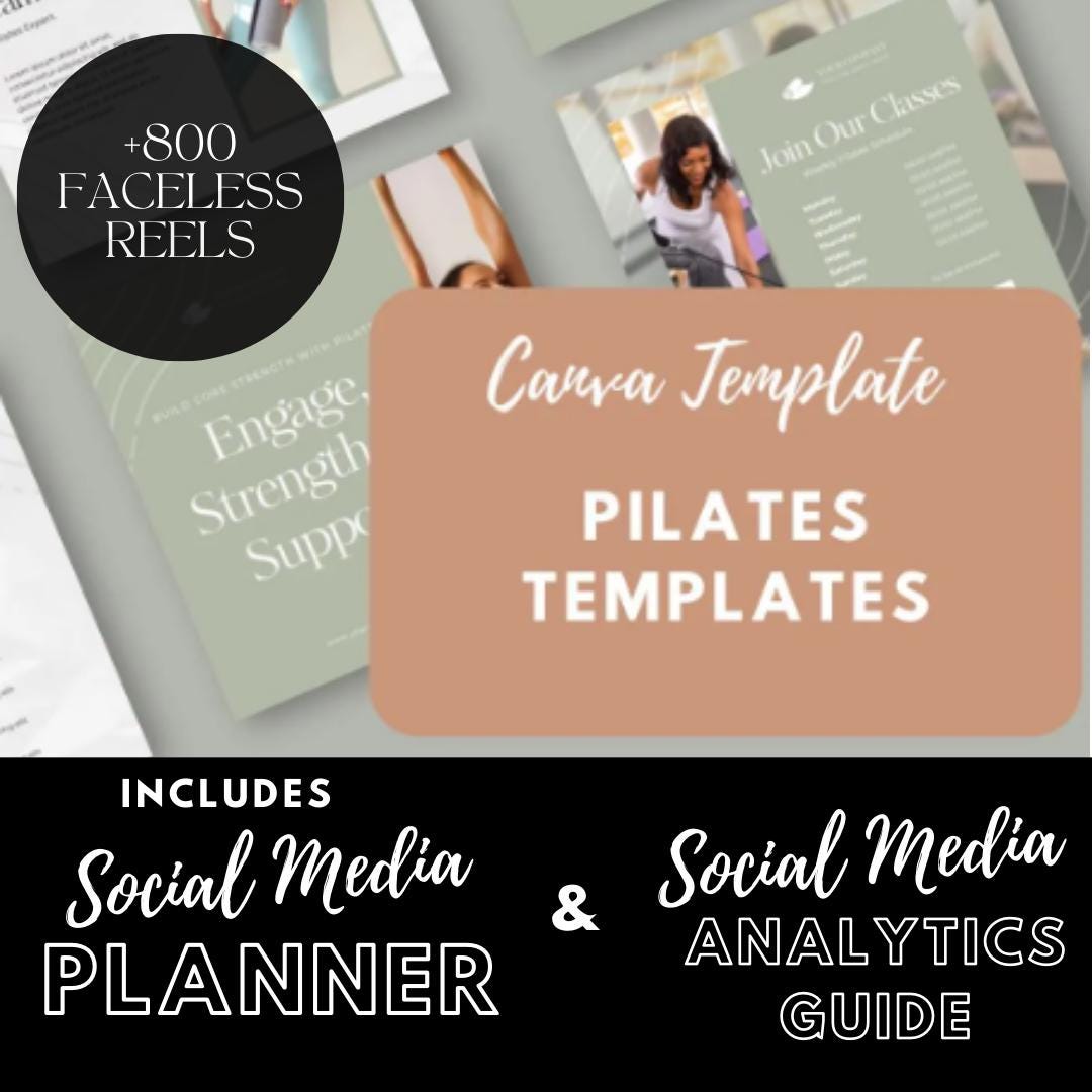 Pilates Social Media Templates | Fitness, Wellness & Studio | Social Media Planner, Analytics Guide and 800 Faceless Videos - Social Canvas