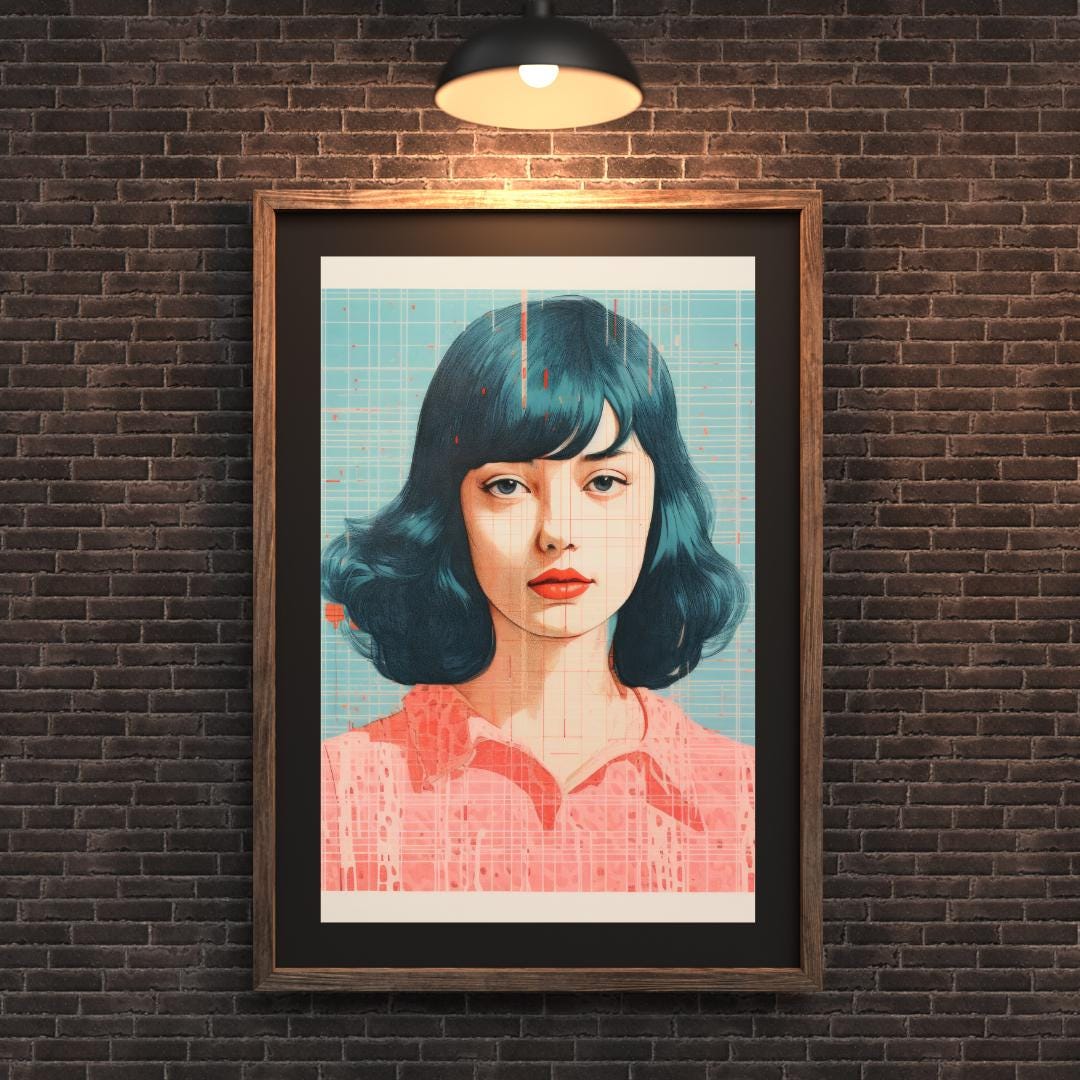 Retro Futuristic Female Portrait - Blue and Coral Abstract Art Print - Contemporary Wall Decor - Social Canvas