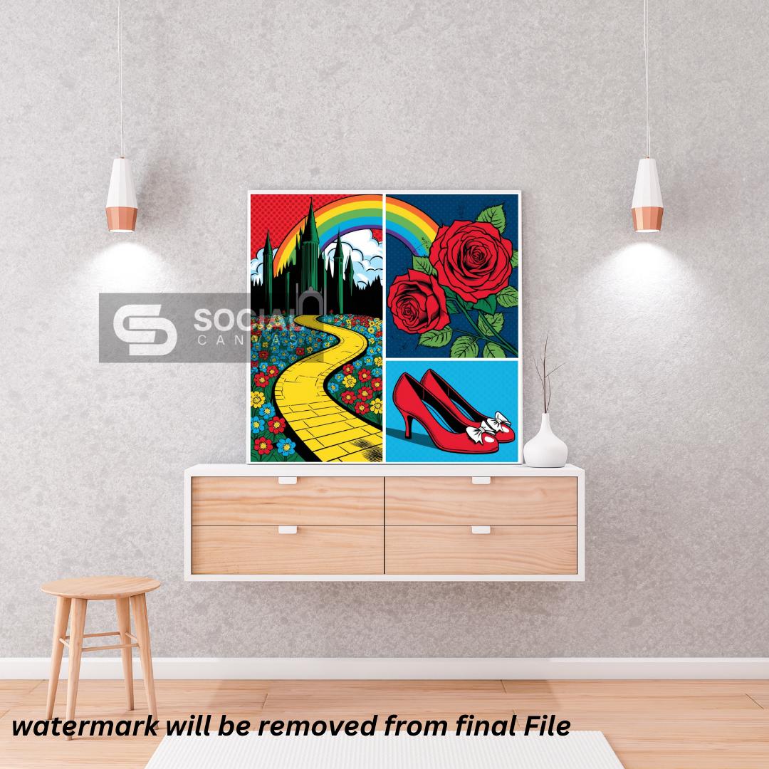 Wizard of Oz Style Pop Art Poster - Yellow Brick Road & Ruby Slippers Wall Art | 300 DPI - Social Canvas