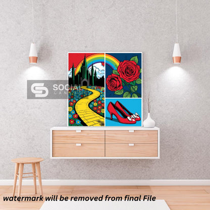 Wizard of Oz Style Pop Art Poster - Yellow Brick Road & Ruby Slippers Wall Art | 300 DPI - Social Canvas