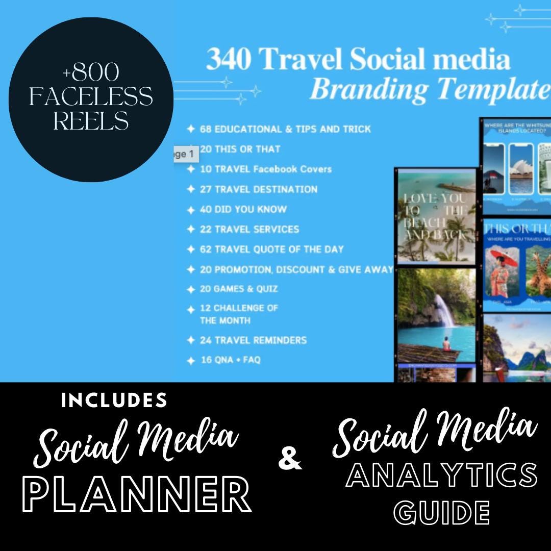 340 Travel Social Media |Travel Quotes, Tips and Promotions | Social Media Planner | Analytics Guide| 800 Faceless Videos - Social Canvas