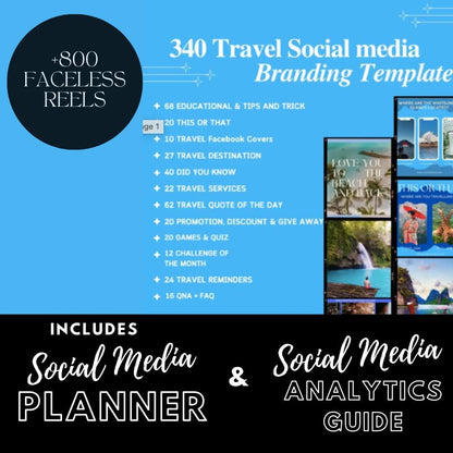 340 Travel Social Media |Travel Quotes, Tips and Promotions | Social Media Planner | Analytics Guide| 800 Faceless Videos - Social Canvas