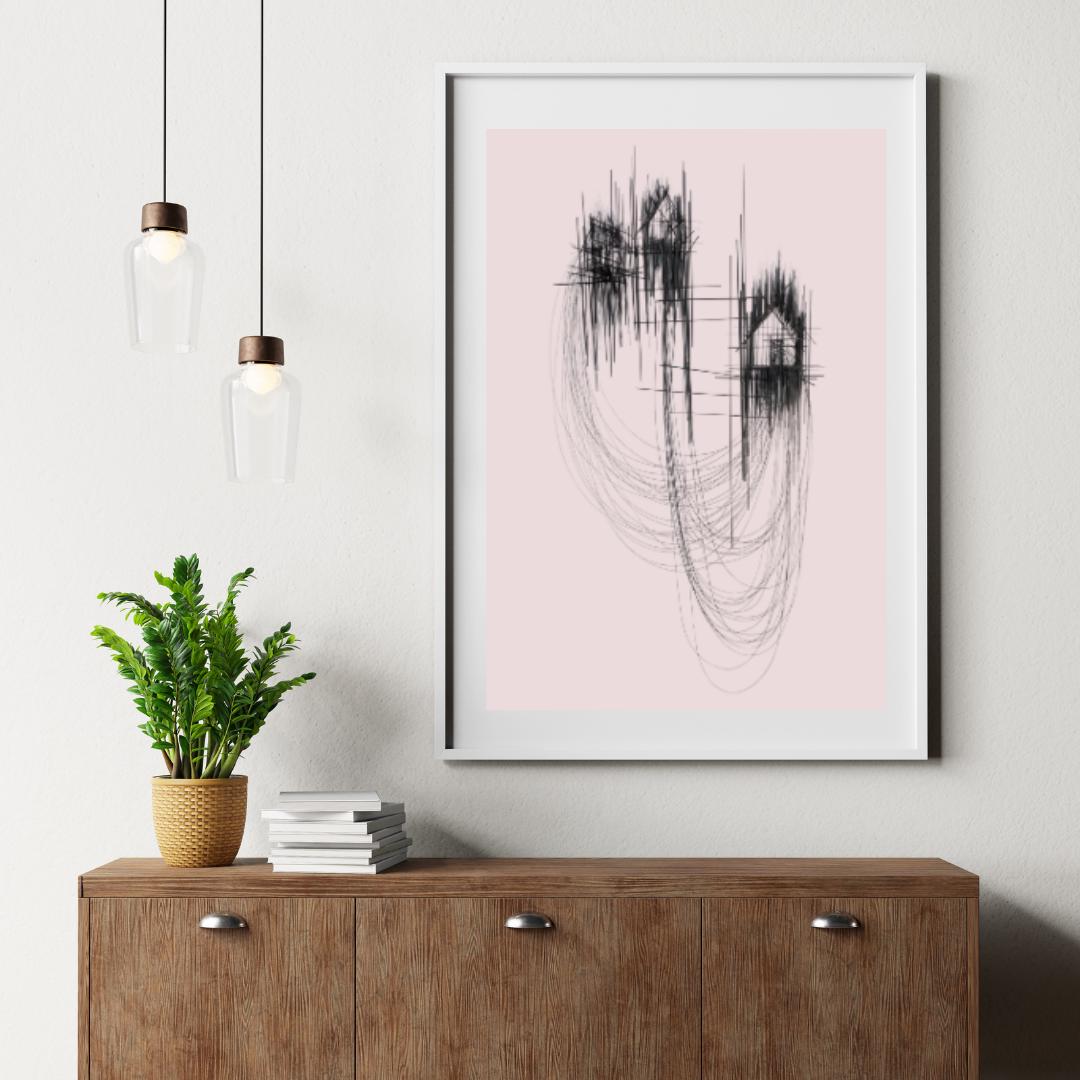 Minimalist Abstract Line Art | Black and Pink Modern Wall Art | Contemporary House Sketch Design for Home or Office Decor - Social Canvas